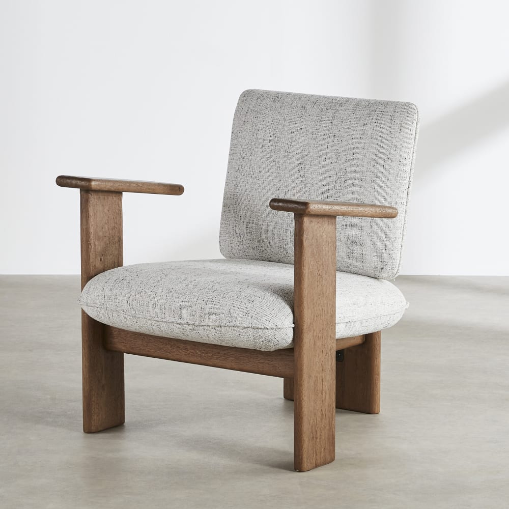 Fauteuil tripode gris clair tramé et pieds en hêtre massif