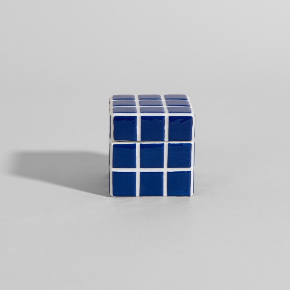 Boîte déco en faïence bleue et blanche, H7 cm