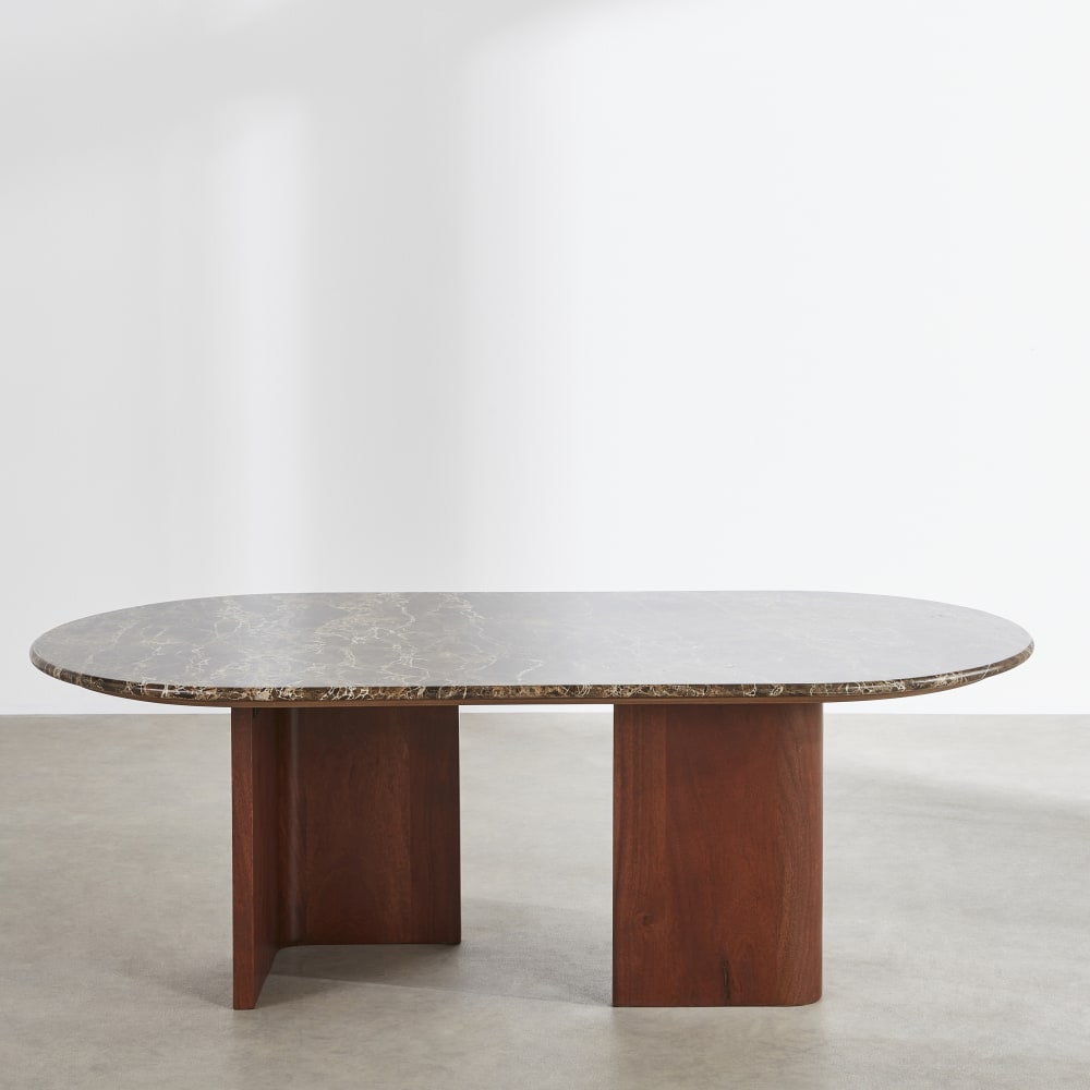 Couchtisch aus braunem Marmor und massivem, dunklem Mangoholz, L