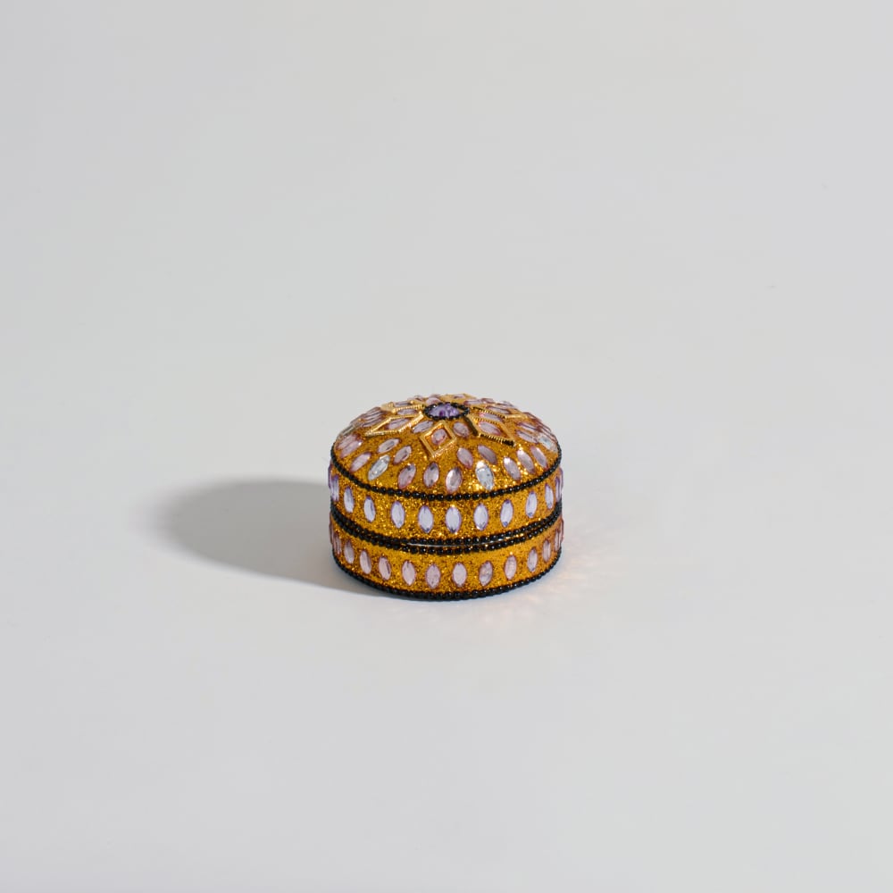 Boîte déco en aluminium et perles orange, argentées et dorées, H4 cm