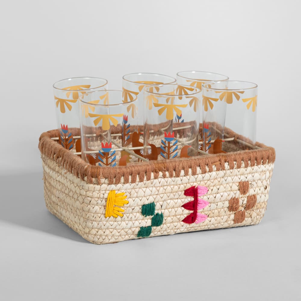 Verres (x6) en verre transparent motifs multicolores et panier en fibre de palmier