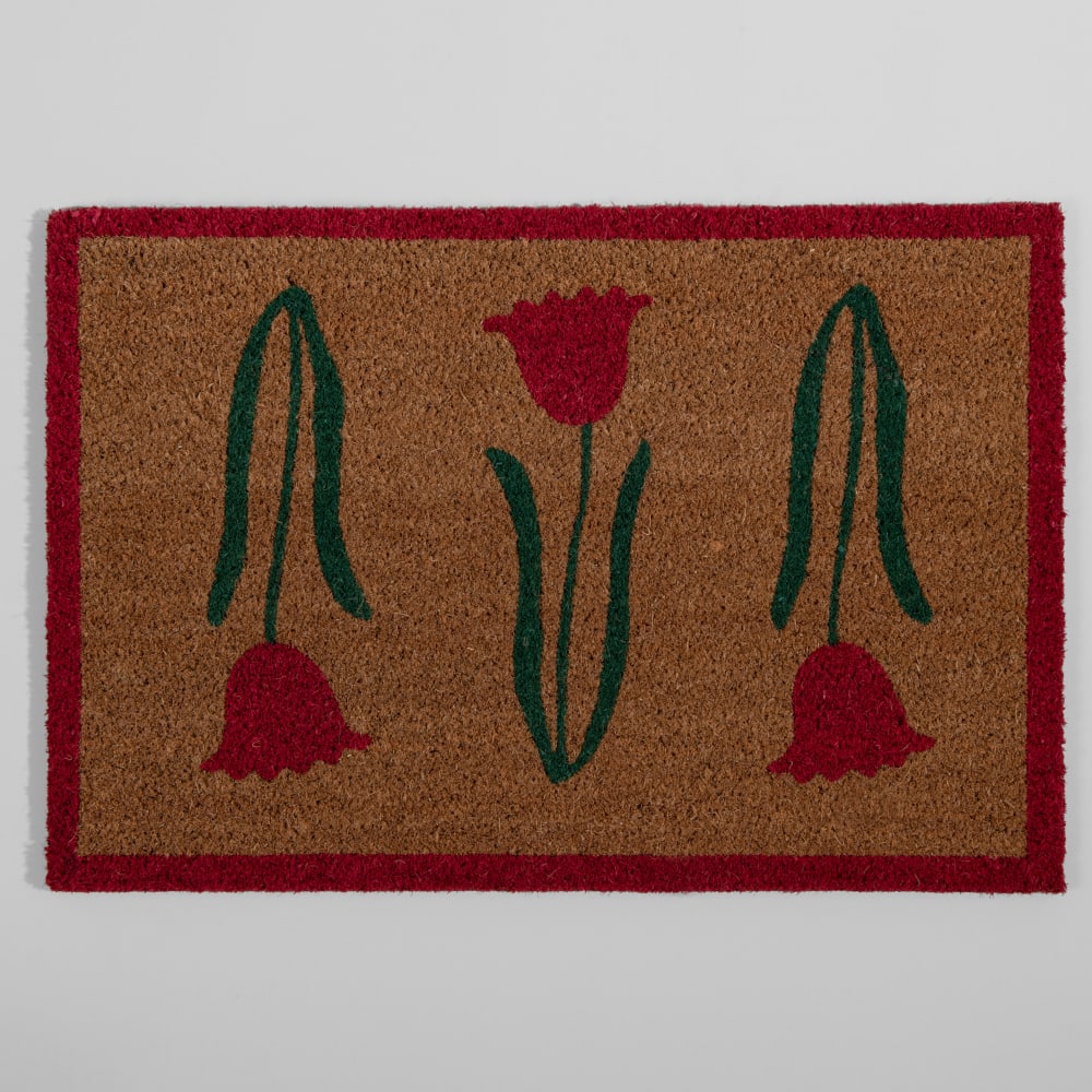 Paillasson en fibre de coco motif floral imprimé vert et rose, 60x40 cm