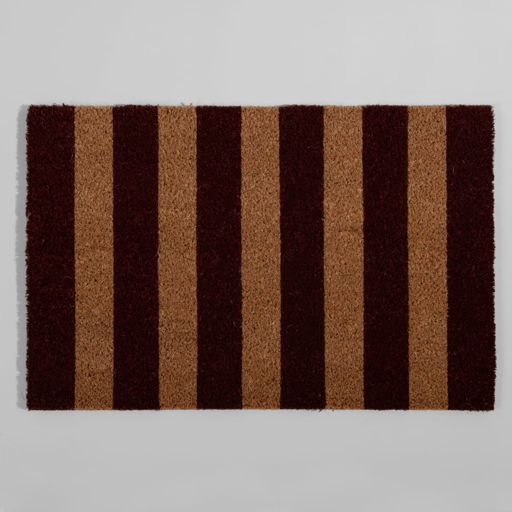 Paillasson en fibre de coco à rayures imprimées bordeaux et beiges, 40x60 cm