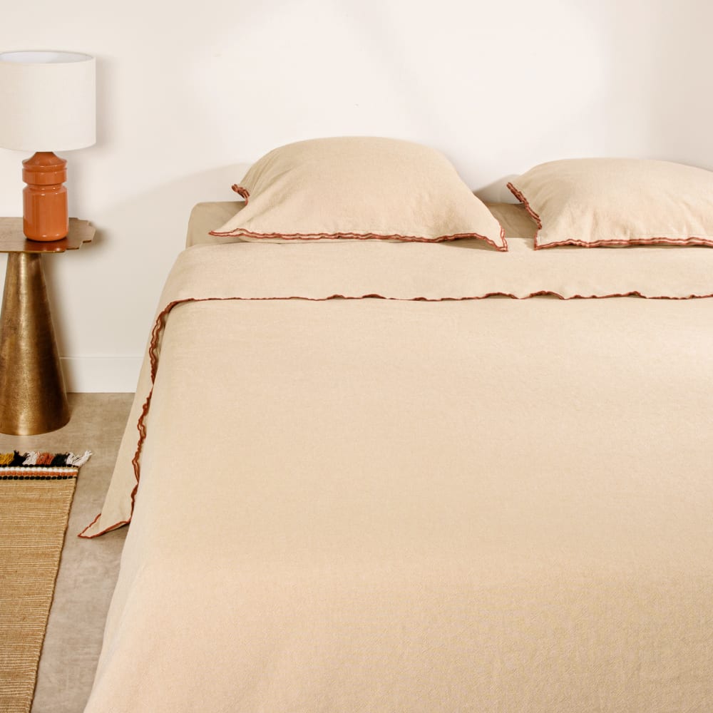 Parure de lit en coton biologique tissé beige et biais contrasté, 260x240 cm