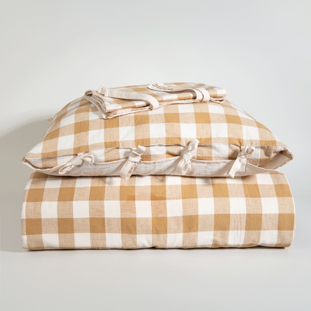 Parure de lit en coton et lin tissé motif vichy beige, 260x240 cm — vue 3