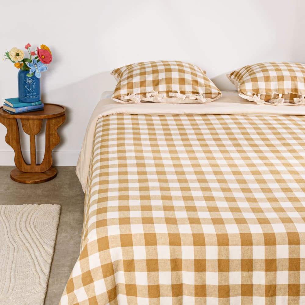 Parure de lit en coton et lin tissé motif vichy beige, 240x220 cm