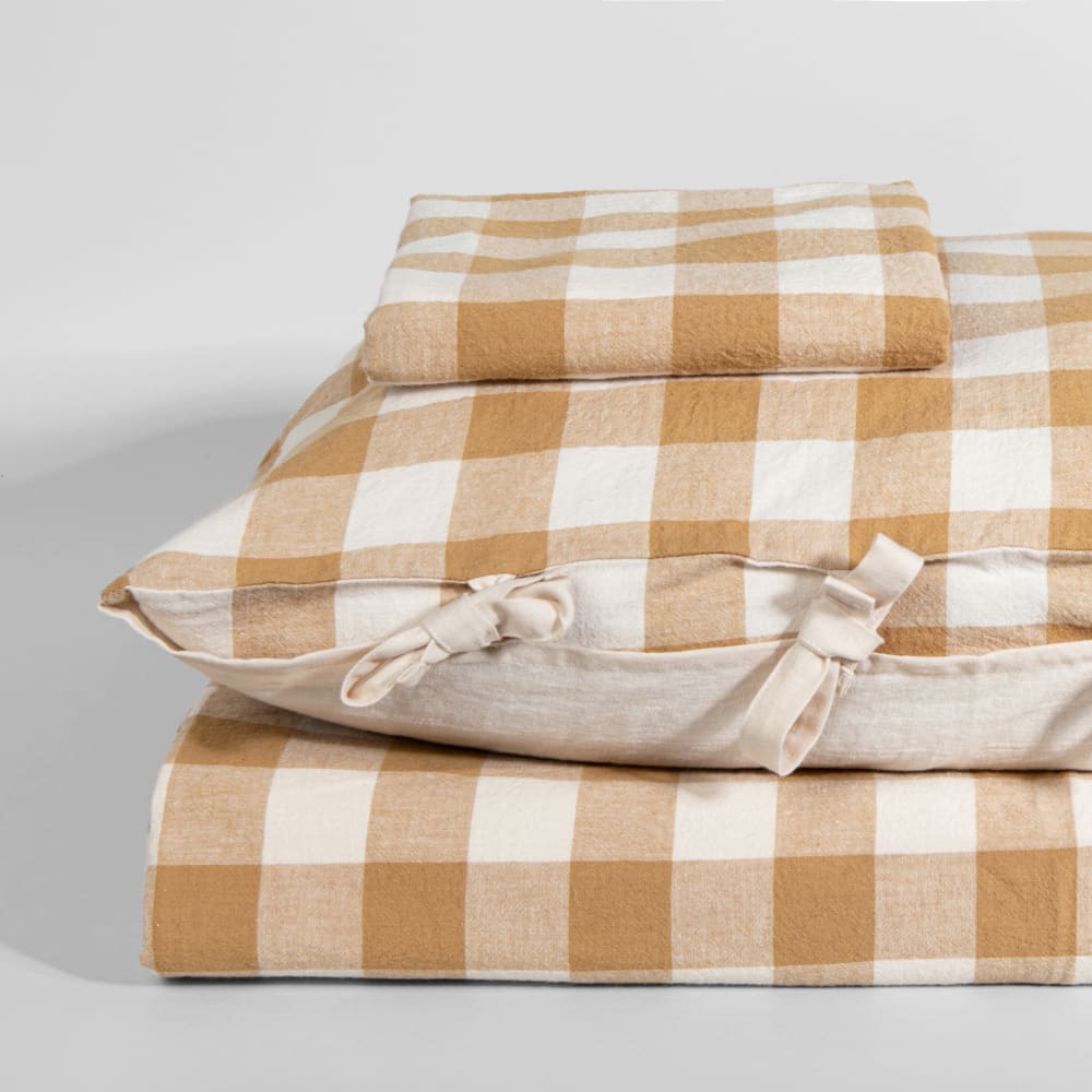 Parure de lit en coton et lin tissé motif vichy beige, 240x220 cm — vue 4