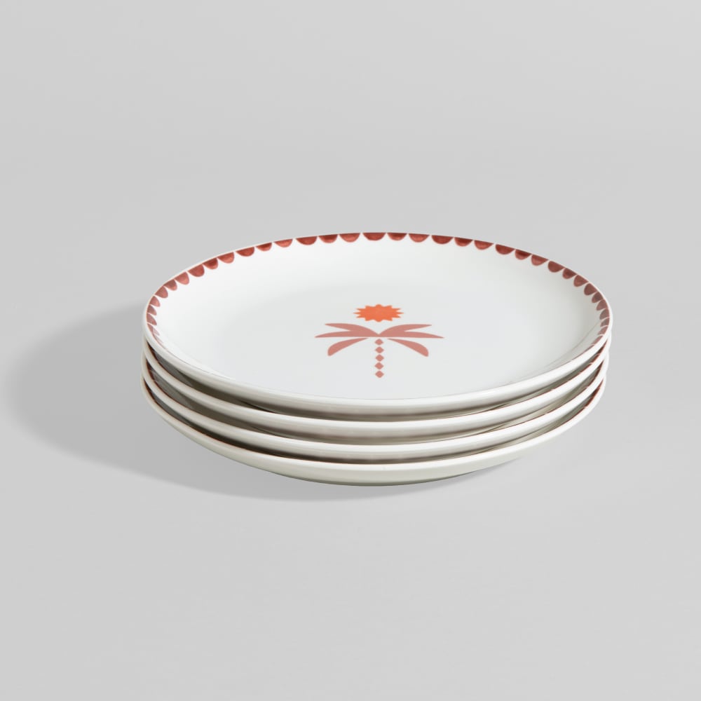 Assiettes à dessert (x4) en céramique blanche motif palmier