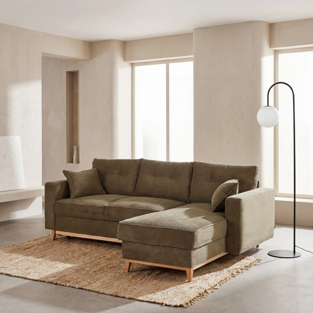 Canapé d'angle convertible style scandinave 4/5 places vert kaki