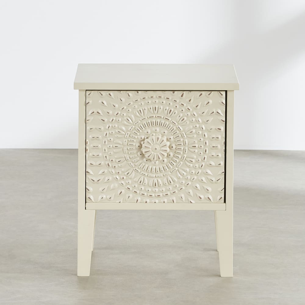 Table de chevet écrue avec gravures, L41 cm