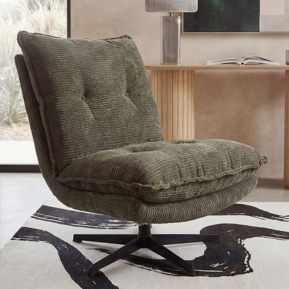 Fauteuil pivotant vert kaki et pied en acier noir