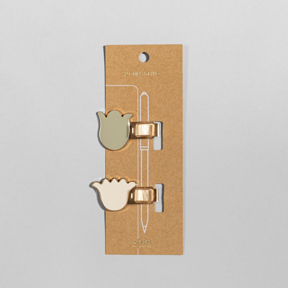 Clips pour crayons dorés fleurs vertes et roses (x2) Clips pour crayons dorés fleurs vertes et roses (x2)