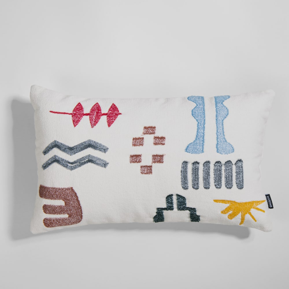Housse de coussin en coton blanc motifs en relief multicolores, 50x30 cm