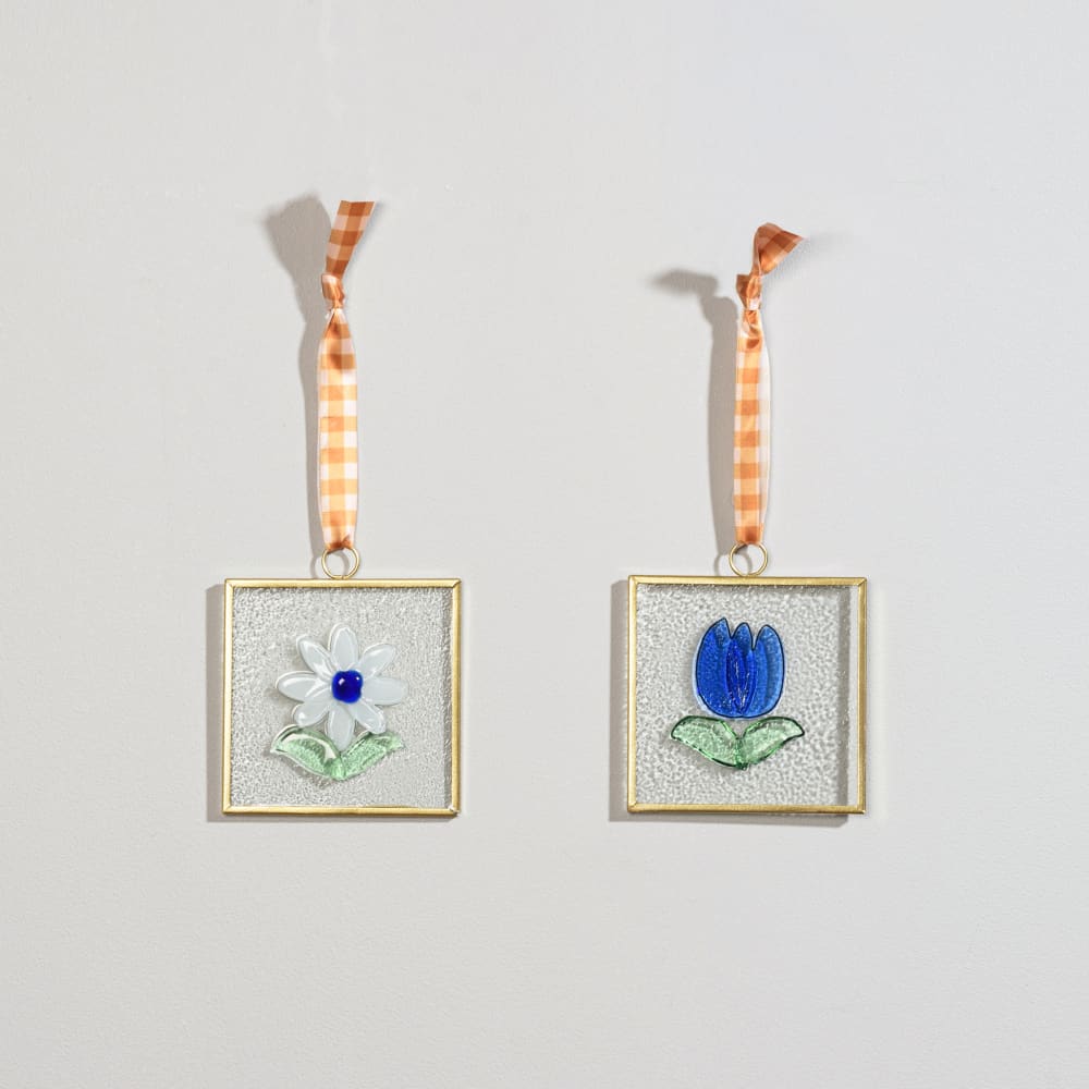 Déco murales en verre motifs fleurs bleues et acier doré, 10x10 cm (x2)