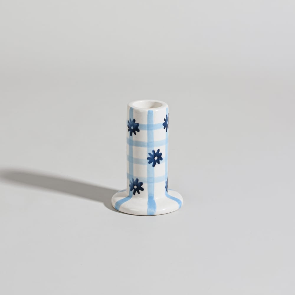 Bougeoir en céramique imprimée blanche et bleue, H9 cm