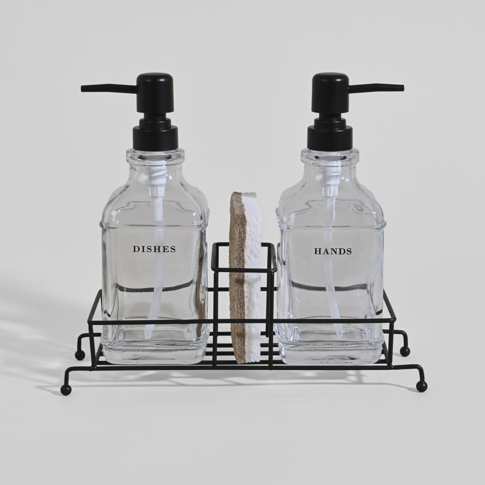 dispensador de jabon de vidrio y soporte de acero negro