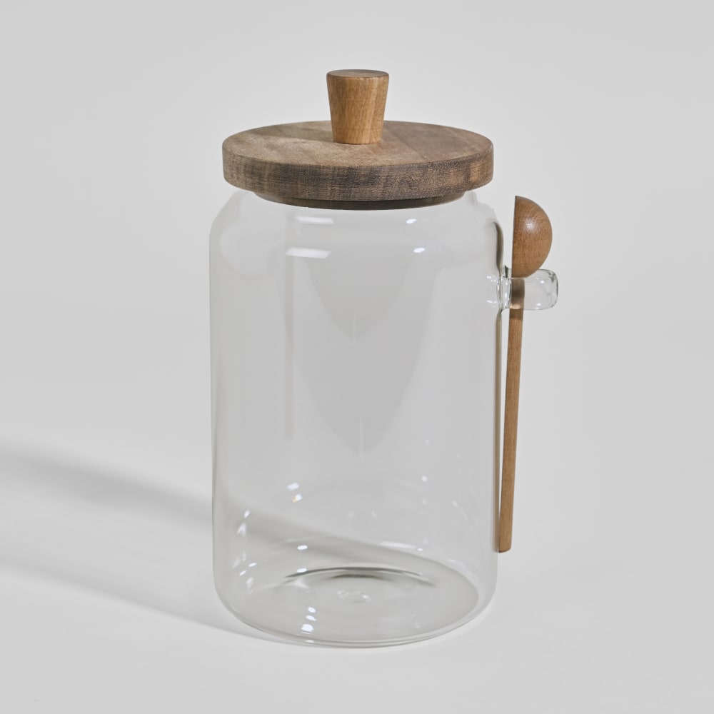 Bocal en verre avec couvercle et cuillère en bois d'acacia