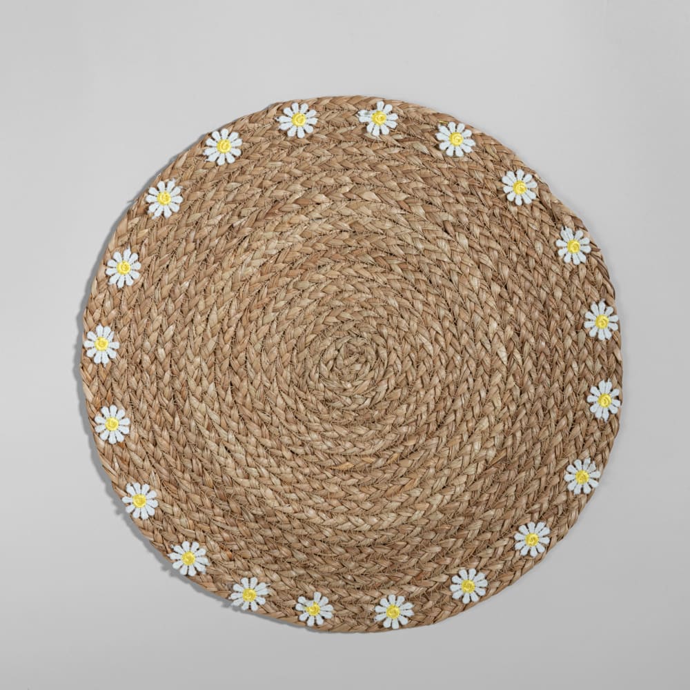 Set de table en jonc de mer beige et fleurs blanches et jaunes, Ø38 cm