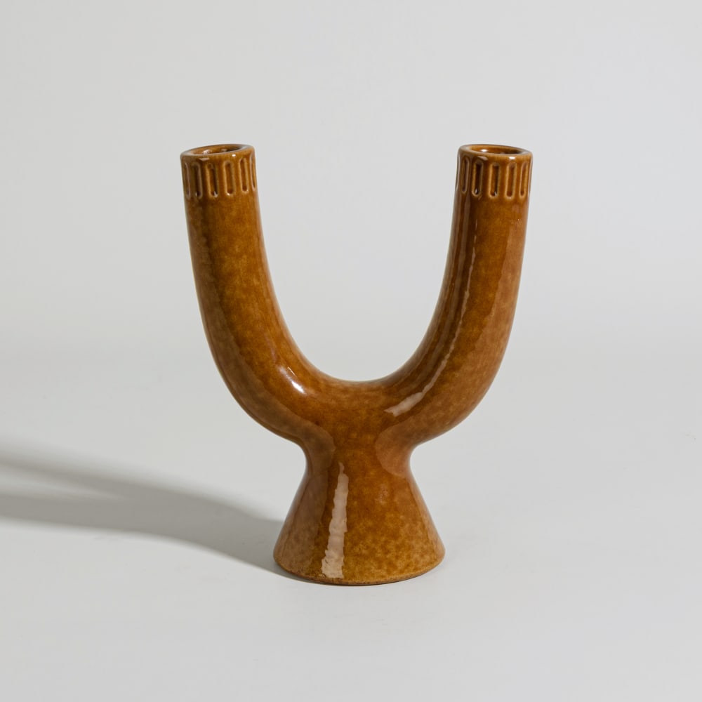 Bougeoir en céramique ocre, H19 cm