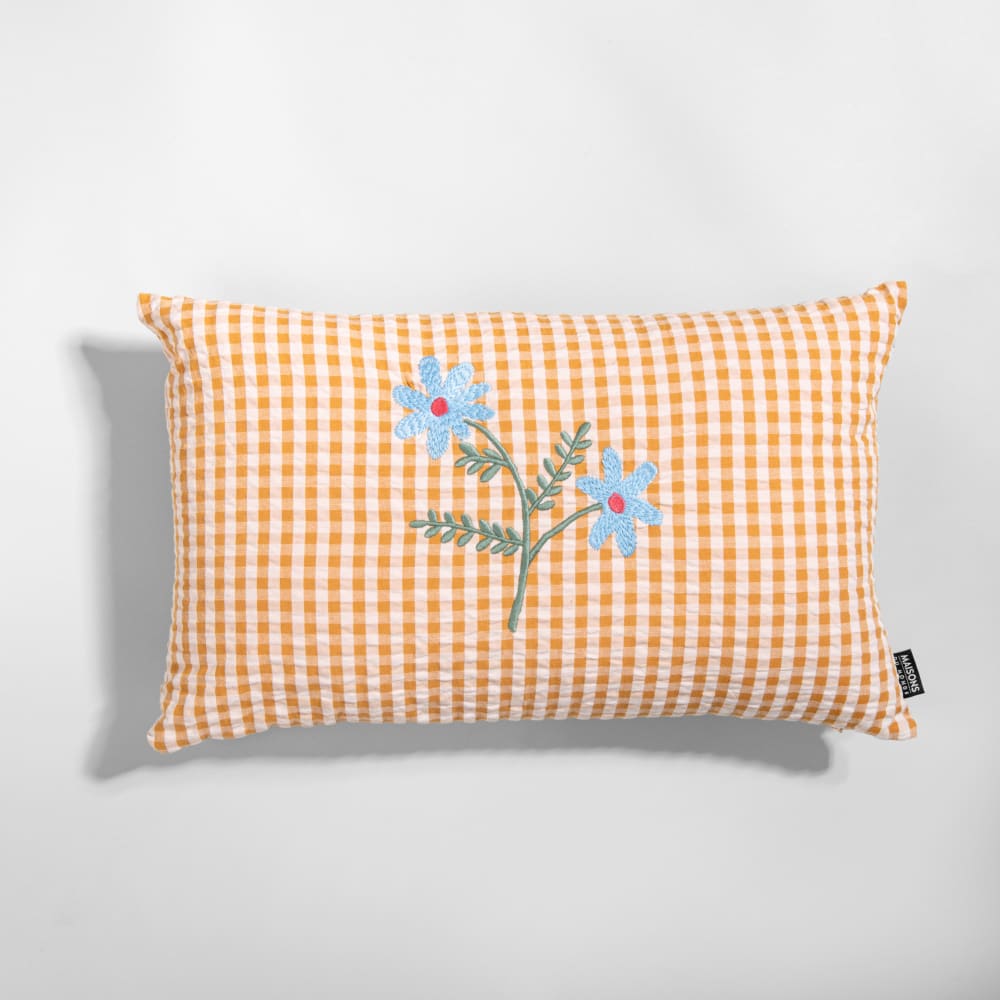 Housse de coussin en coton motif vichy tissé et broderies fleurs, 50x30 cm