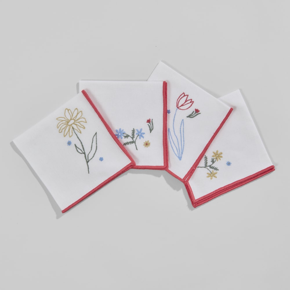 Serviettes en coton biologique écru motifs fleurs multicolores, 30x30 cm (x4)