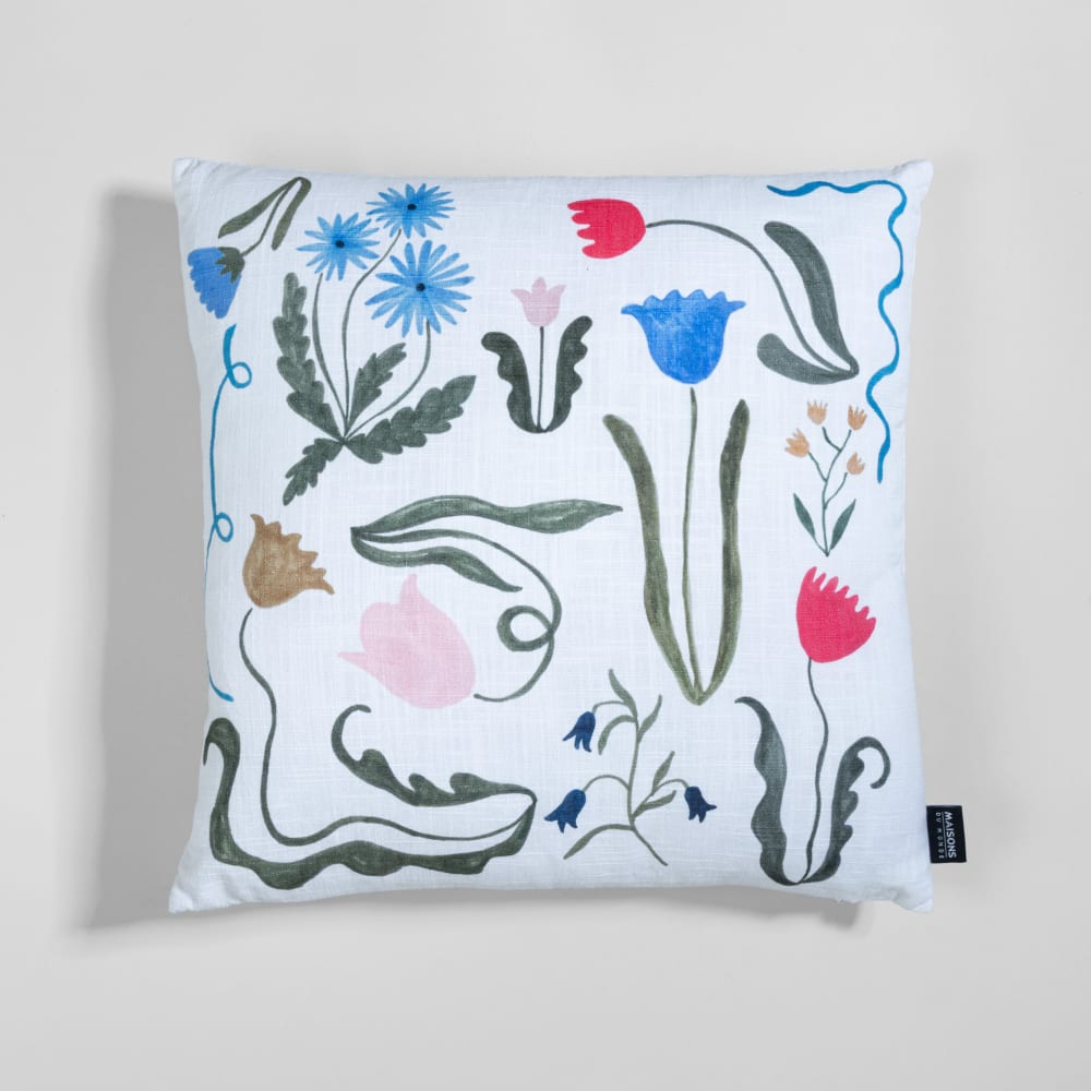 Housse de coussin en coton biologique écru motifs fleurs multicolores, 40x40 cm