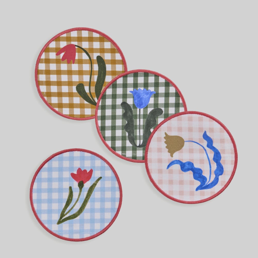 Dessous de verre en coton biologique motifs carreaux et fleurs multicolores (x4)