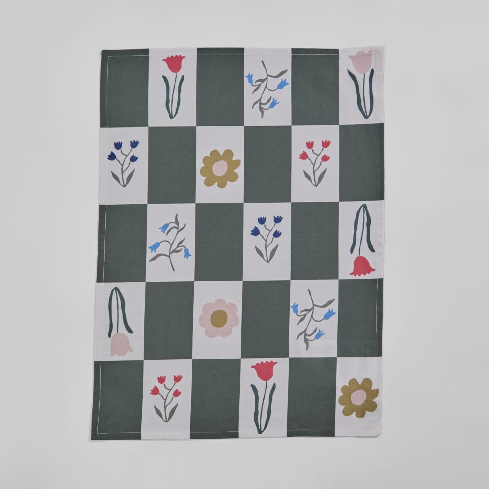 Torchon de cuisine en coton biologique motifs carreaux et fleurs multicolores, 50x70 cm