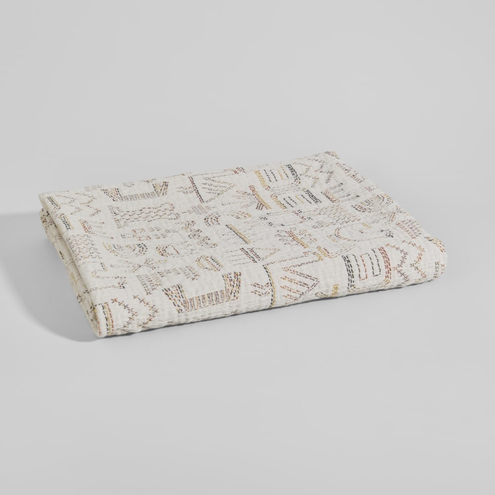 Plaid en coton écru motifs surpiqués tricolores, 130x170 cm