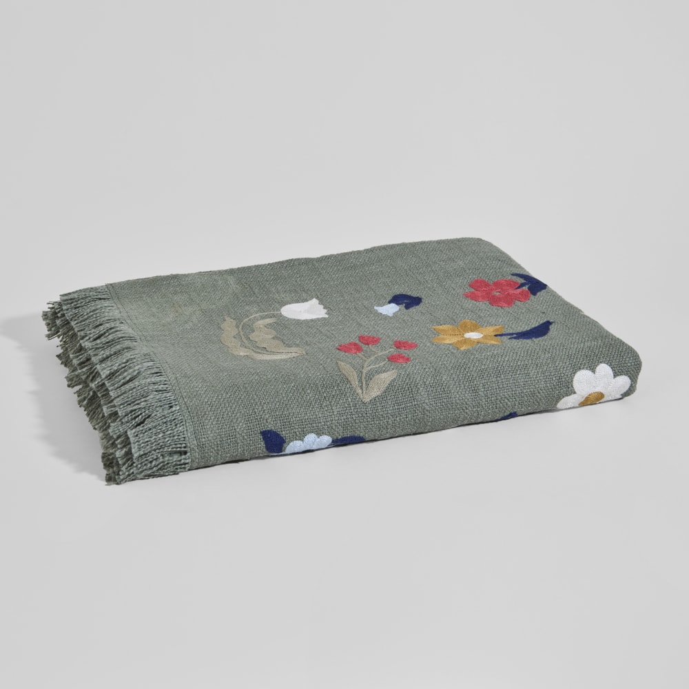 Plaid en coton vert motif - floral