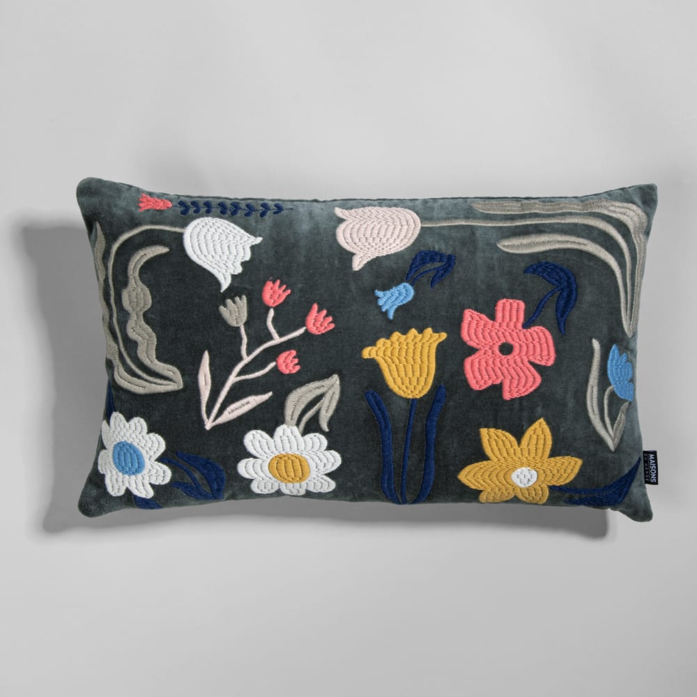 Housse de coussin en velours de coton vert motifs fleurs en relief multicolore, 50x30 cm