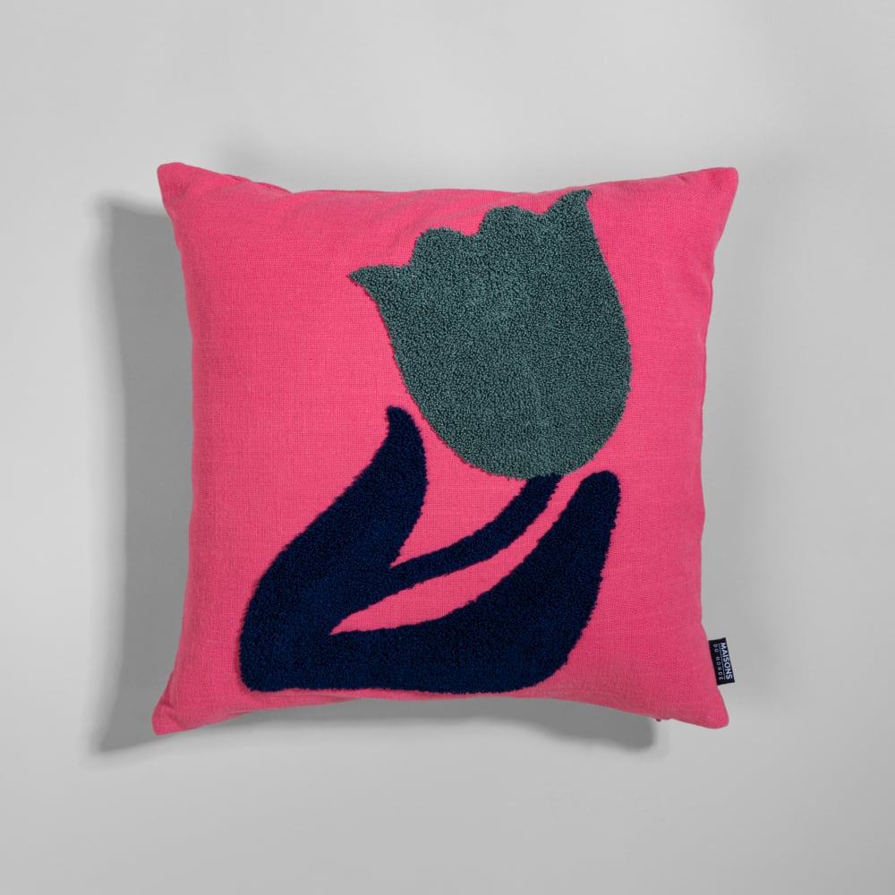 Housse de coussin en coton rose motif floral tufté bleu et vert, 40x40 cm