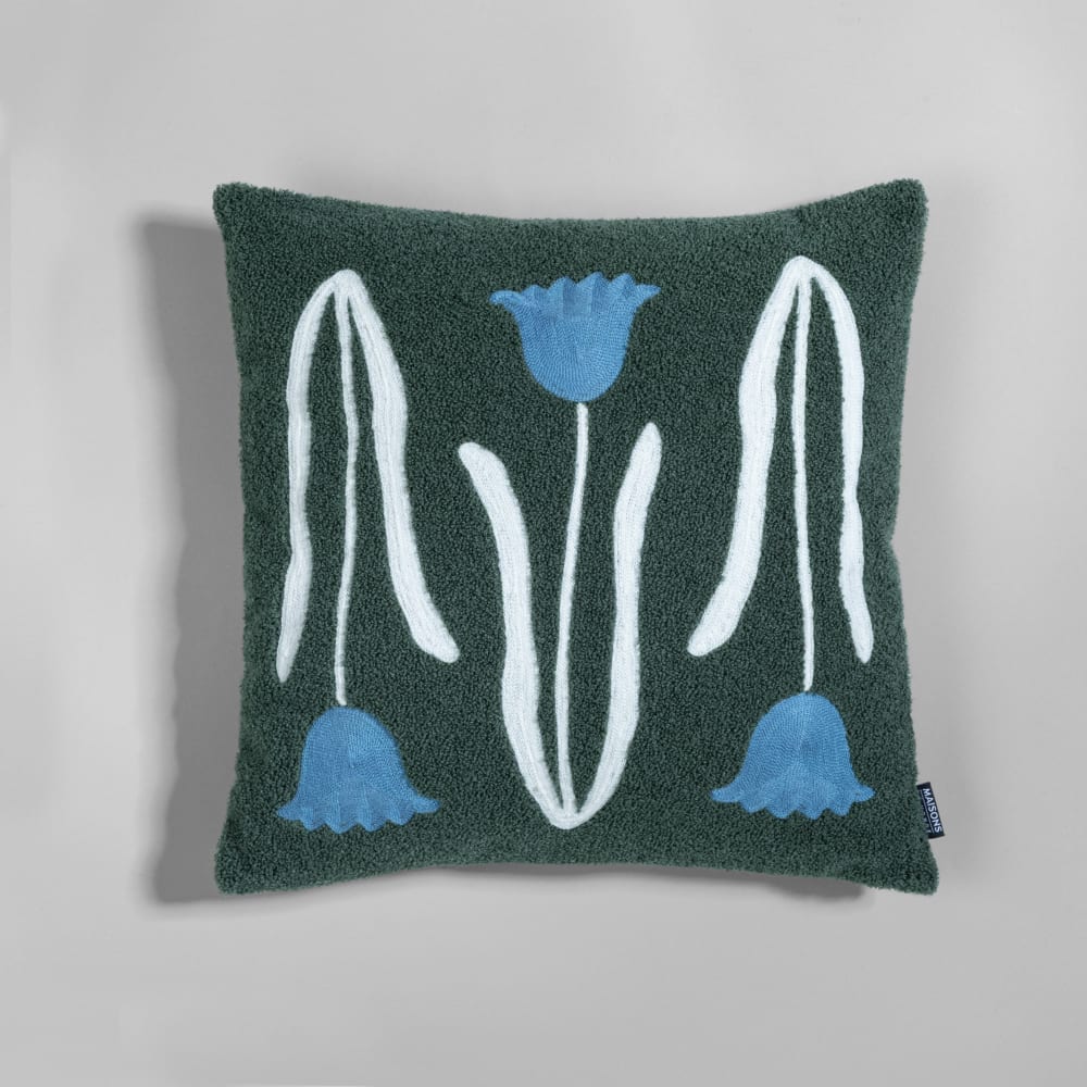 Housse de coussin en coton vert motifs fleurs en bouclette écrue et bleue, 40x40 cm