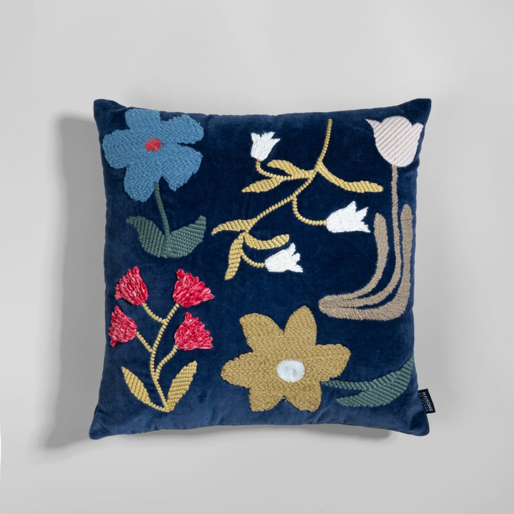 Housse de coussin en velours de coton bleu marine motifs fleurs en relief multicolore, 40x40 cm