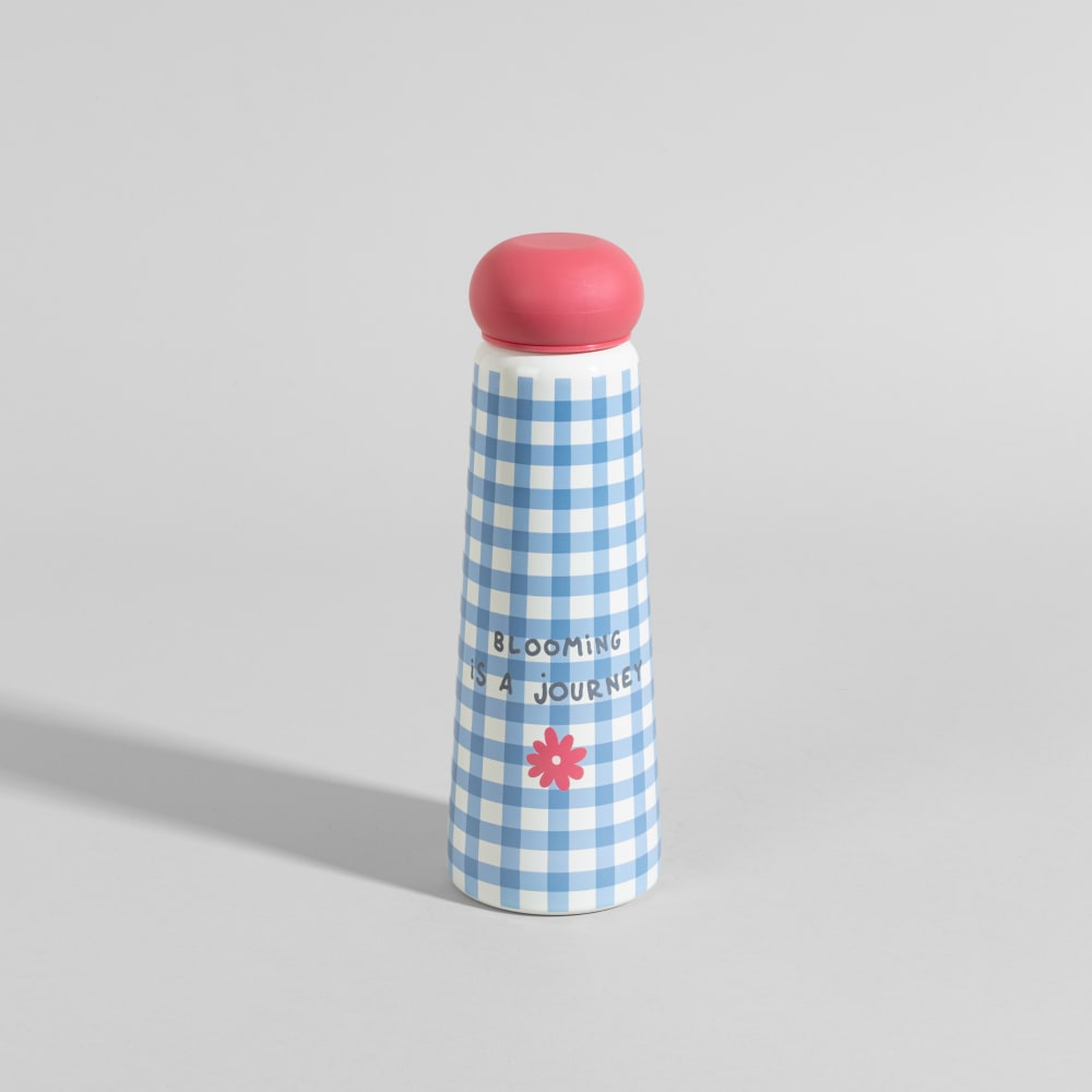 Gourde en inox motif vichy bleu et fleur fuchsia, 500ml