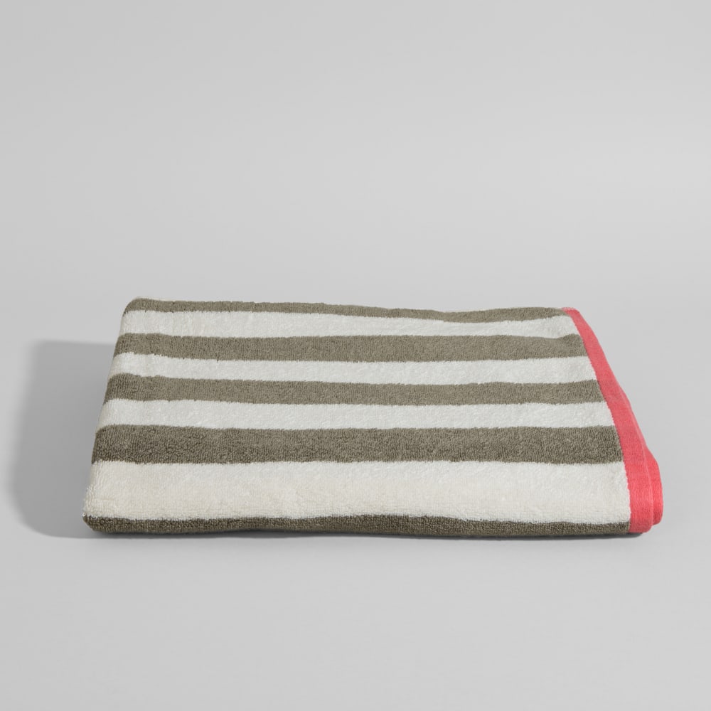 Drap de bain en coton biologique motif à rayures blanc, vert et rose, 100x150 cm