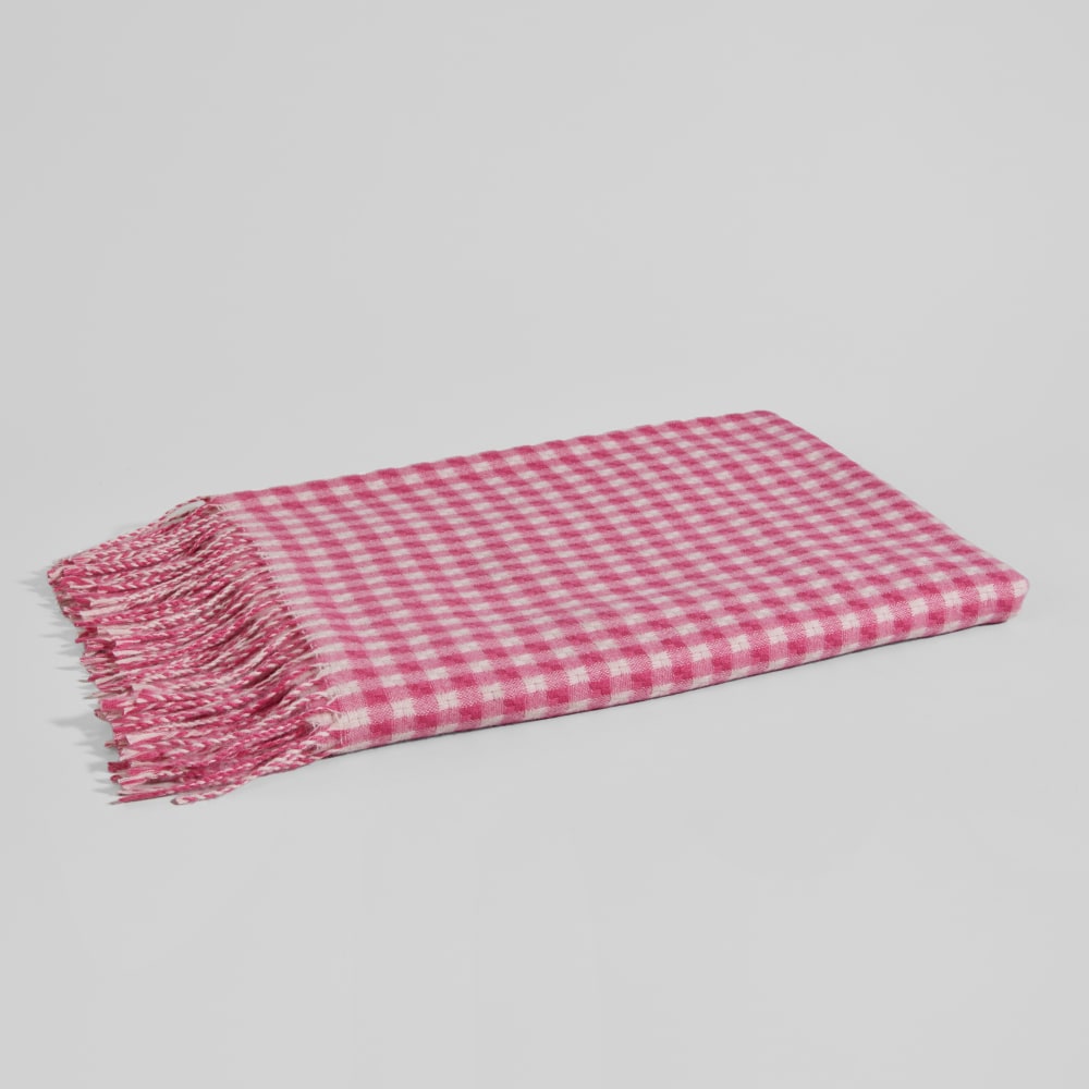 Plaid motif vichy rose et blanc à franges, 130x170 cm
