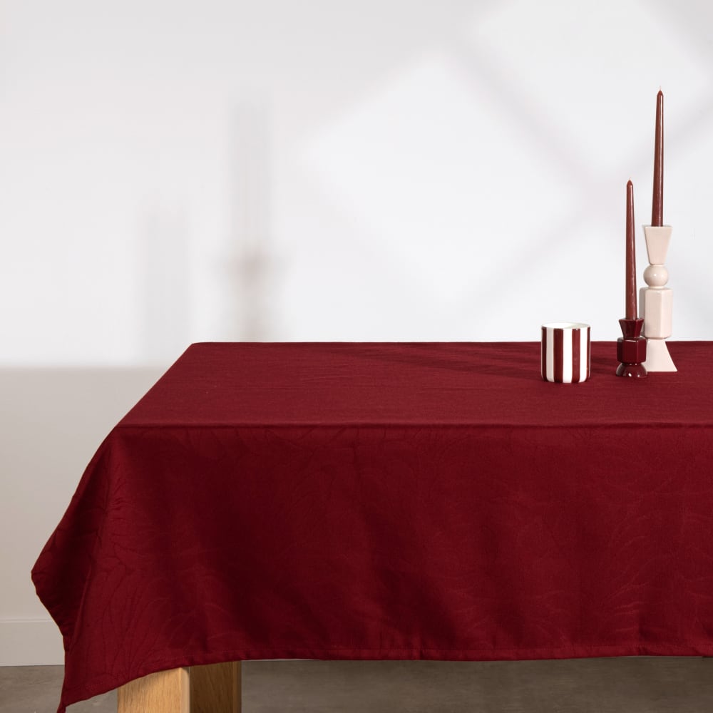 Nappe en tissu polyester tissée jacquard motif feuillage bordeaux, 140x250 cm
