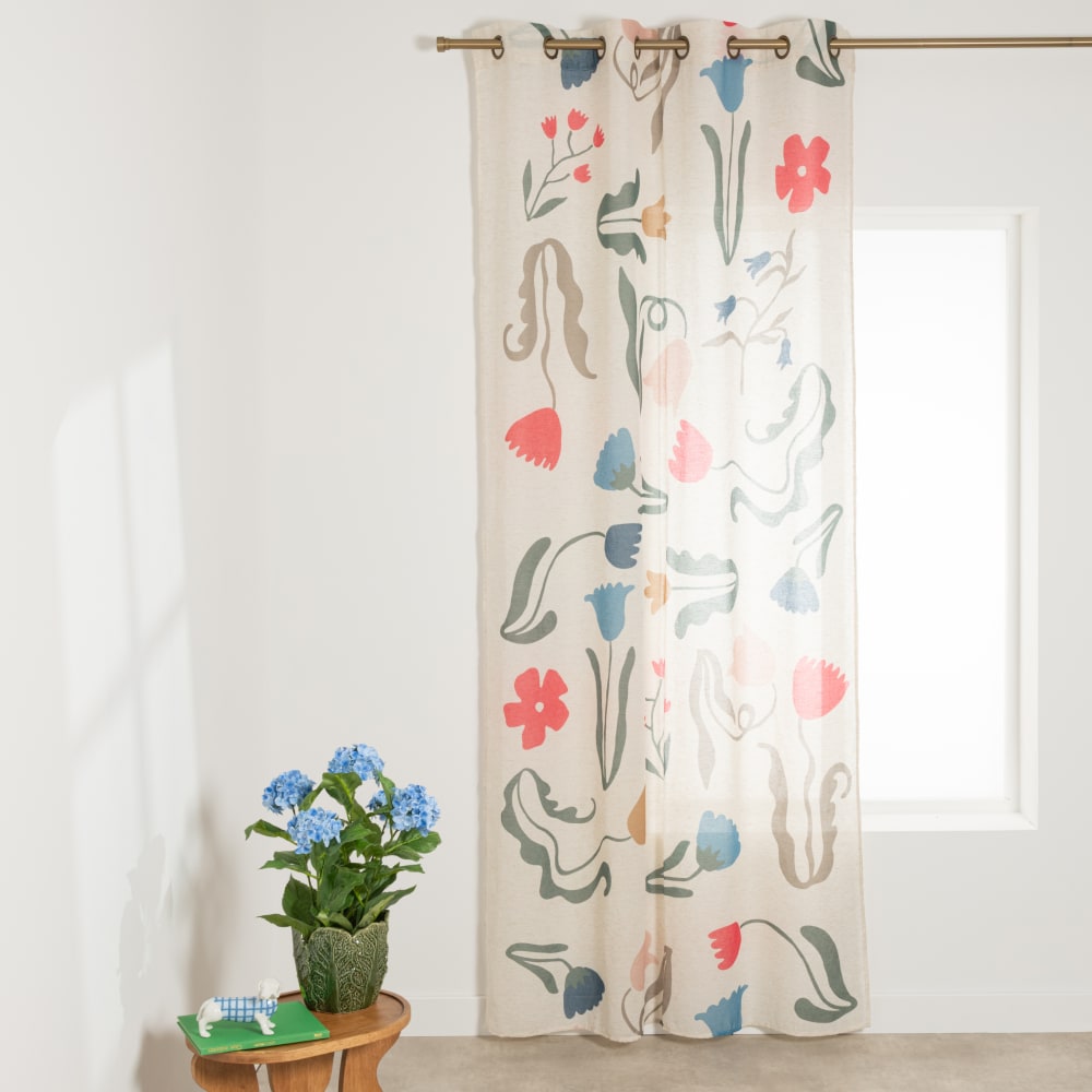 Rideau à oeillets en polyester recyclé motifs fleurs multicolores, 140x250 cm (vendu à l'unité)