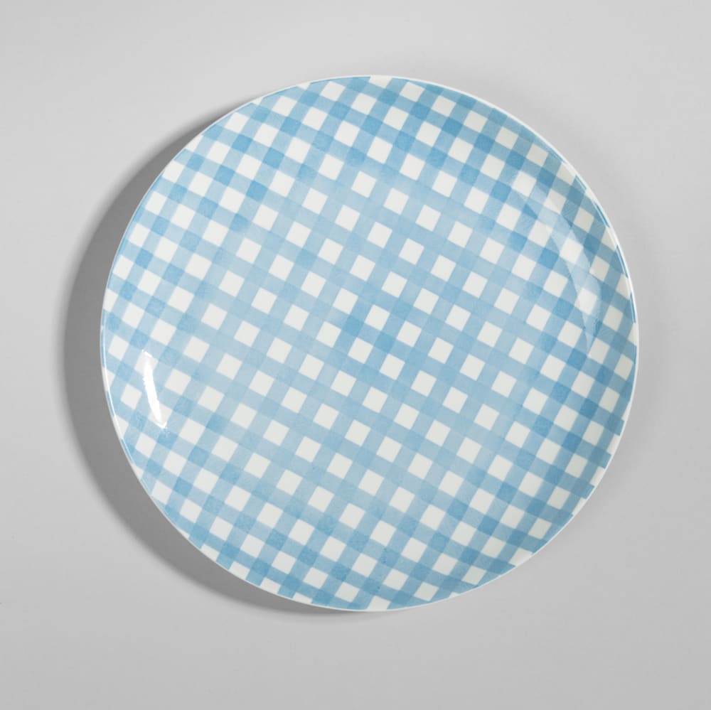 Assiette plate en grès motif vichy bleu