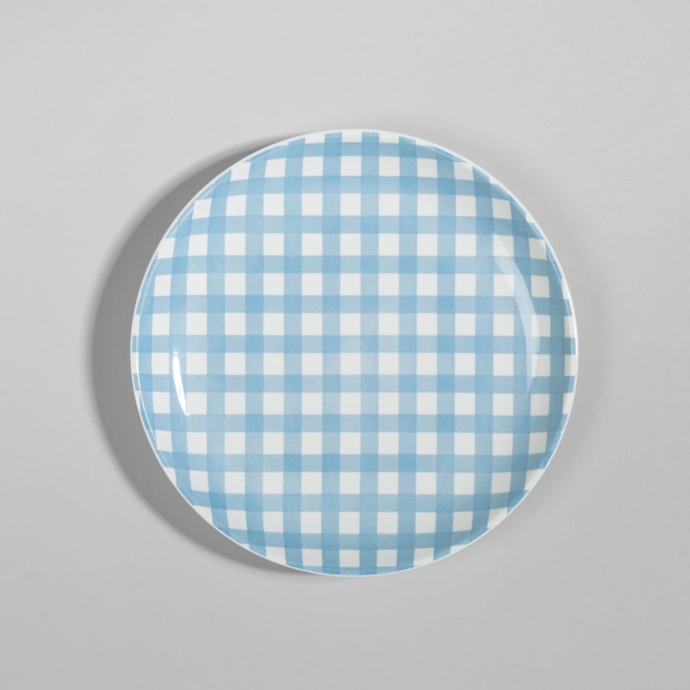Assiette à dessert en grès motif vichy bleu