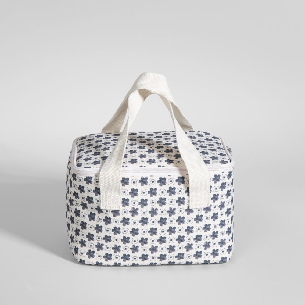 Lunchbag en lin blanc motifs fleurs noires