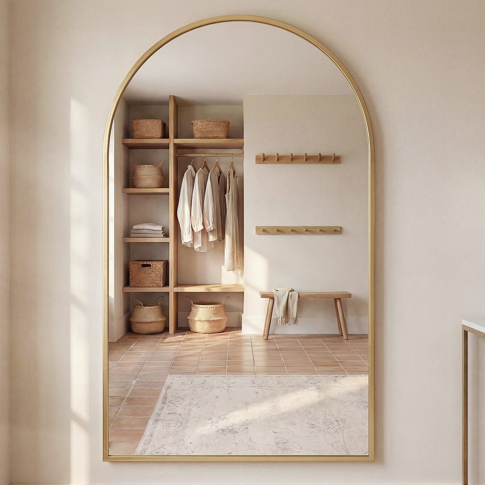 Grand miroir arche en acier doré, 110x181 cm