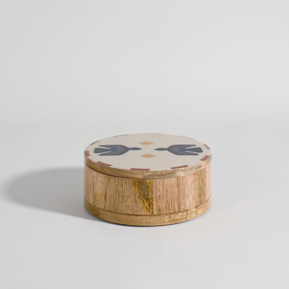 Boîte déco en bois de manguier motifs oiseaux multicolores, L18 cm — Beyit