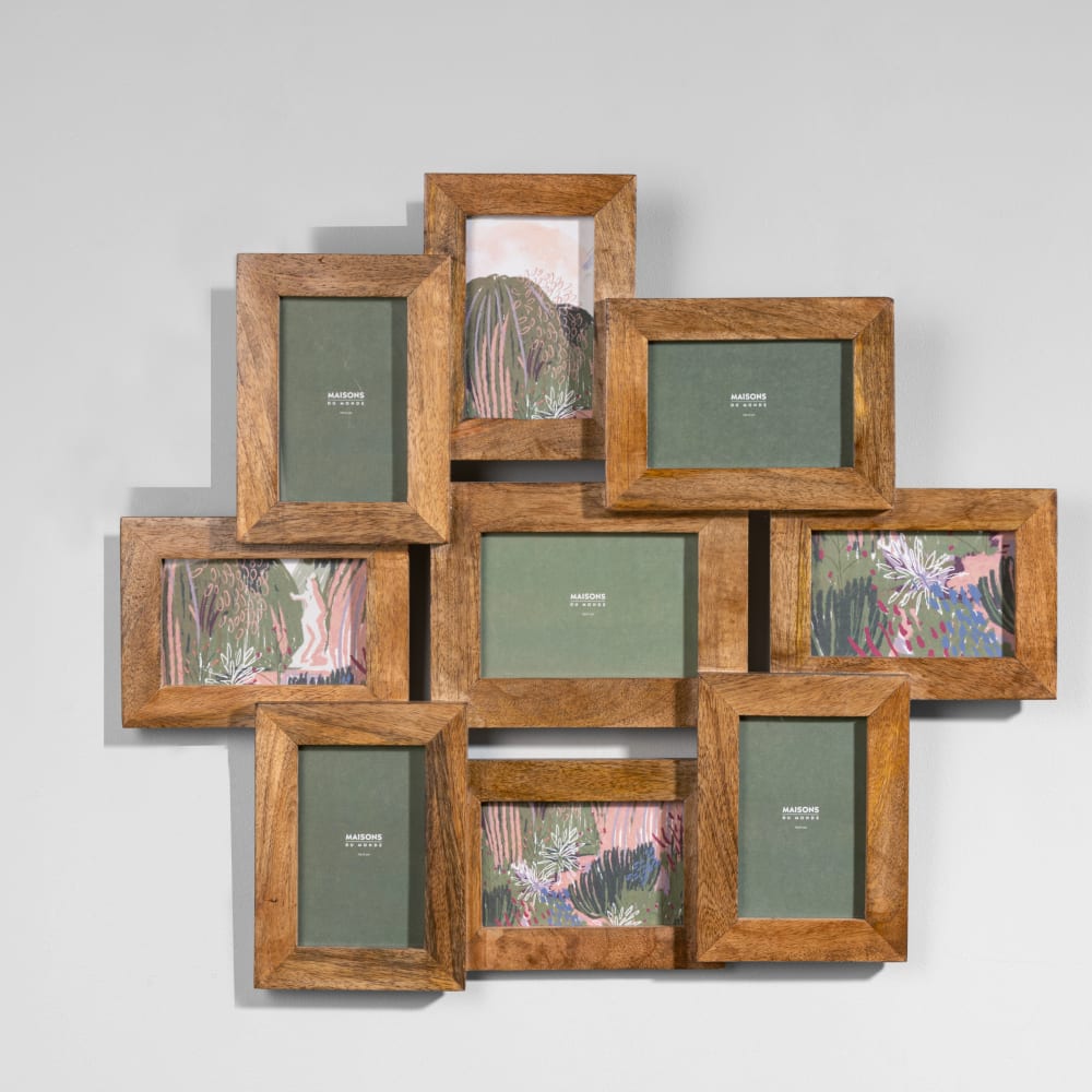 Cadre multivues 9 photos en bois de manguier, 62x53 cm — Beyit