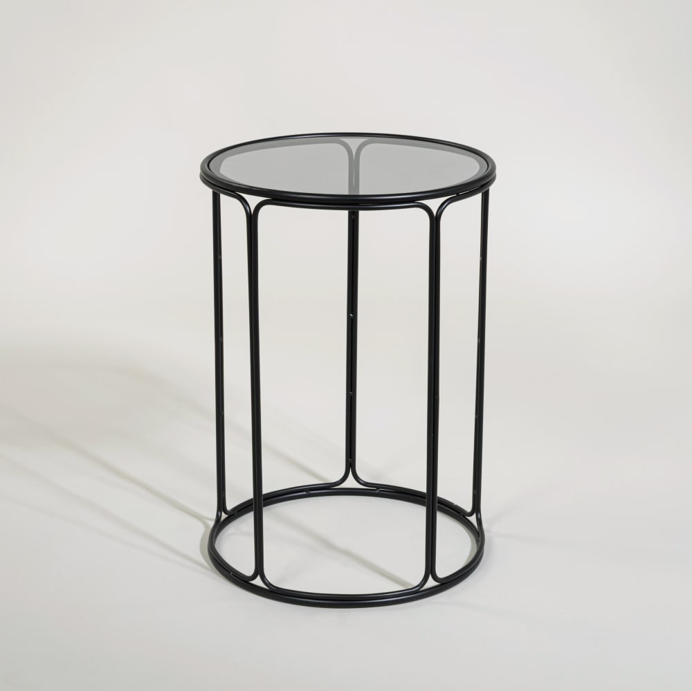 Bout de canapé en verre et acier noir