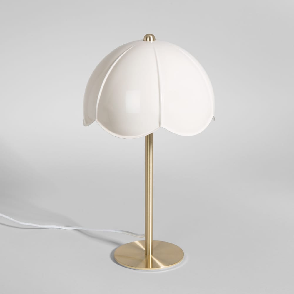 Lampe à poser en acier doré et abat-jour corolle écru