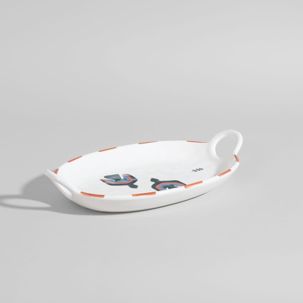 Plateau décoratif en grès blanc motifs oiseaux multicolores, L42 cm