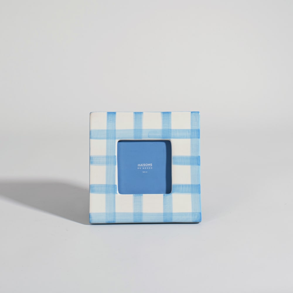 Cadre photo en grès motif vichy bleu, format 9x9 cm — Beyit