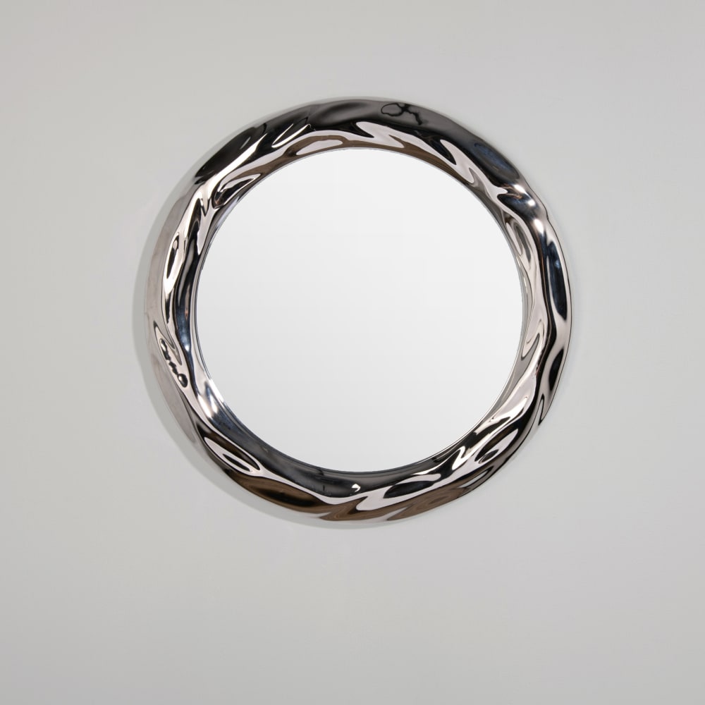Miroir rond en grès coloris chrome, Ø50 cm
